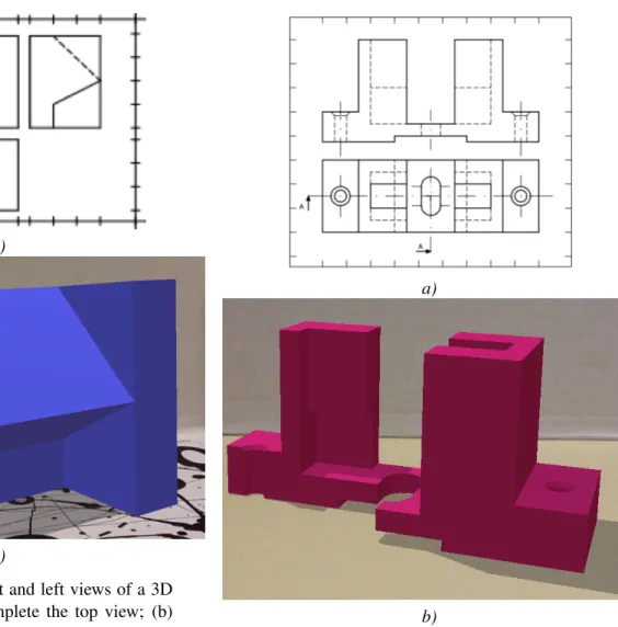 Figure 13: (a) From the front and left views of a 3D model, the student must complete the top view; (b) of the 3D model that can be presented in the mobile platform.