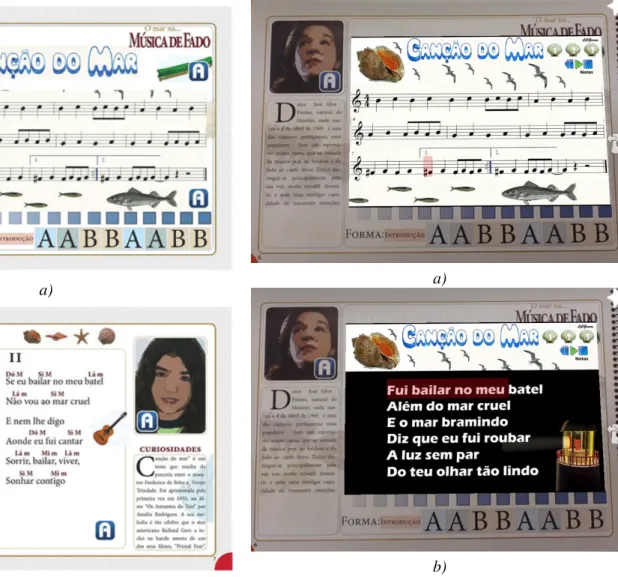 Figure 7: Musical score featuring (a) conventional music notation, guitar chords; (b) play-along and theme curiosities.