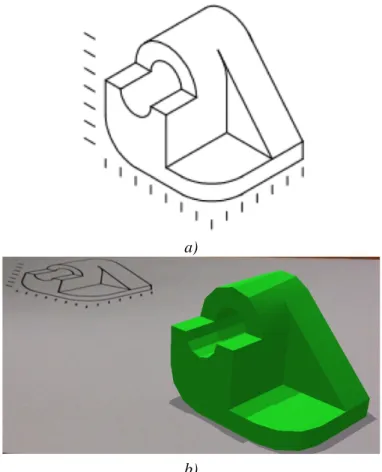 Figure 12-a) represents the isometric view of the 3D model that is given to students to draw the front, left and top orthographic views.