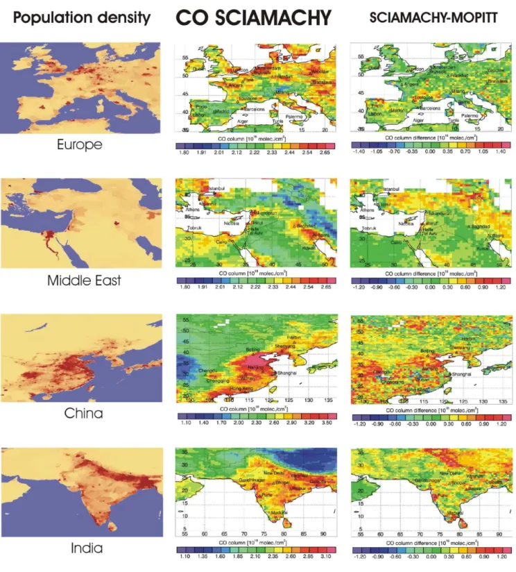 Fig. 13. SCIAMACHY CO vertical columns (middle) over four regions (from top to bottom: Europe, Middle East, China, and India)