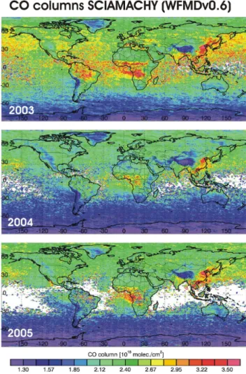 Fig. 3. Single overpass CO columns as measured by SCIAMACHY on 26 October 2003 over Southern California, USA