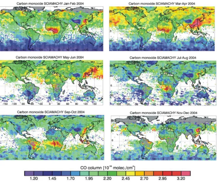 Fig. 5. Year 2004 bi-monthly averages of the SCIAMACHY WFMDv0.6 CO column data product