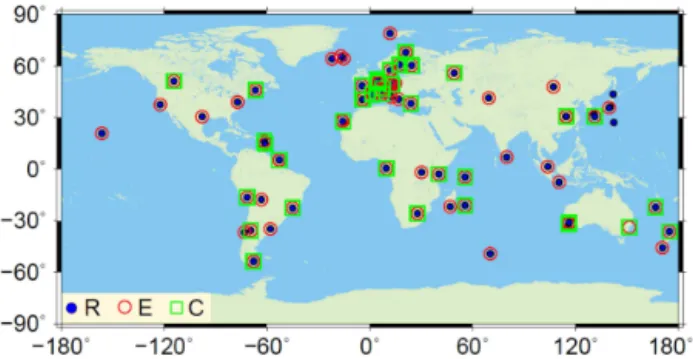 Figure 1. The geographical distribution of the MGEX stations and their supported navigation satellite constellations