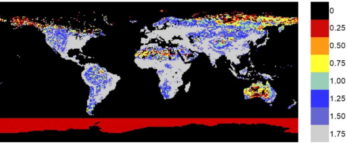 Figure 9. Population map uncertainty assessment example. The plot is for the year 2011 and its key shows the annual uncertainty as a fraction where 1.75 is 175 % uncertainty