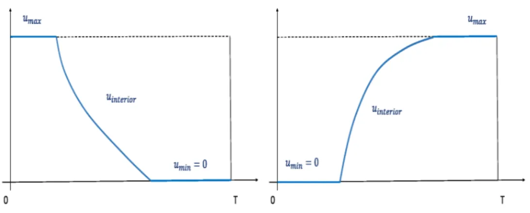 Fig. 1. Illustration of the structure of optimal controls if the indicator function Φ is strictly monotone (on the left for an increasing indicator function, on the right for a decreasing one).