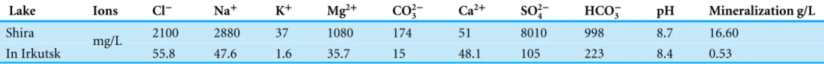 Table 1 Chemical composition of the surface water from brackish Lake Shira and a freshwater lake in Irkutsk (Data for Lake Shira from Kalacheva et al., 2002 ).