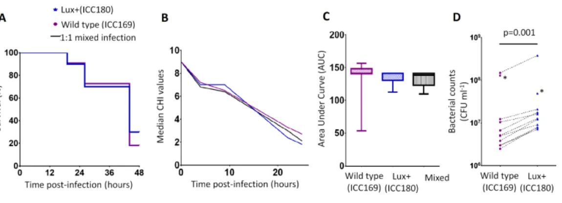 Figure 4 Bioluminescent C. rodentium ICC180 is not impaired in the Galleria mellonella infection model