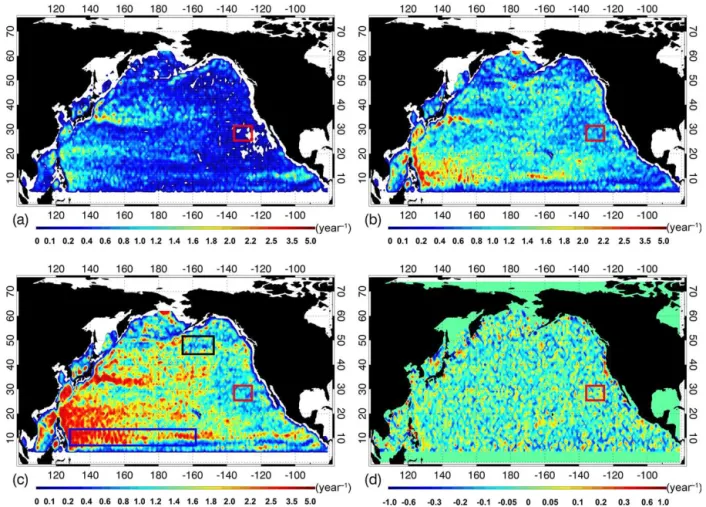 Figure 12. The frequencies of dynamic processes per 1 ◦ × 1 ◦ grid element. (a) The merging frequency for cyclonic eddies