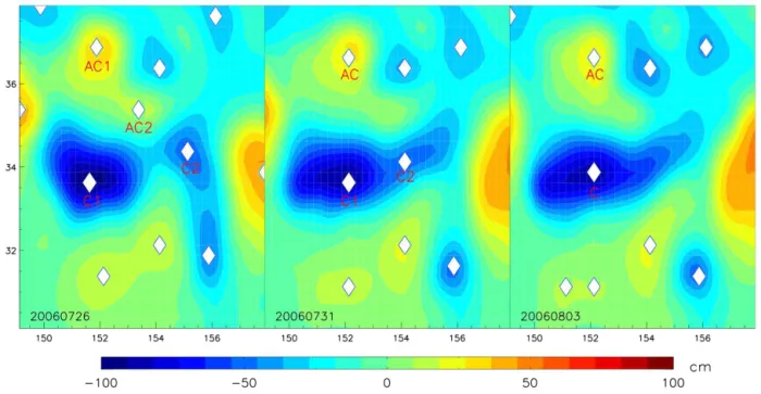 Figure 1. The evolutions of amplitudes and areas of eddies from 5 July to 3 August 2006 (after Li et al., 2014), where the background field shows the SLA, and white dots mark eddy centers