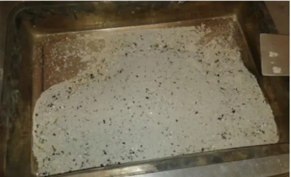 Figura 13 - Constituintes sólidos misturados num tabuleiro de aço inóxidável (cimento ; areia natural e  areia de vidro) 