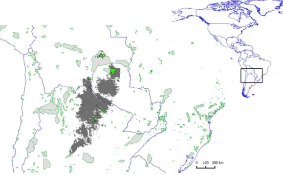 Figure 5 Map showing the potential distribution of Leptodactylus laticeps, in grey. Protected areas overlaying the potential distributions of Leptodactylus laticeps are filled polygons in green.