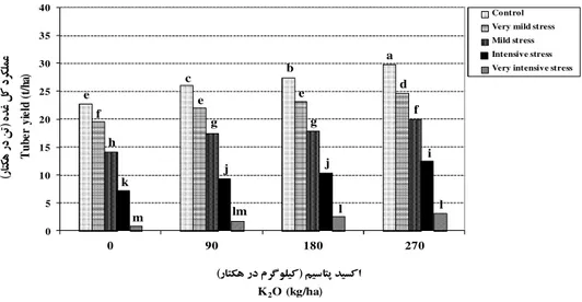 Fig 2. Tuber yield of potato as affected of water deficit at different potassium levels in the second year