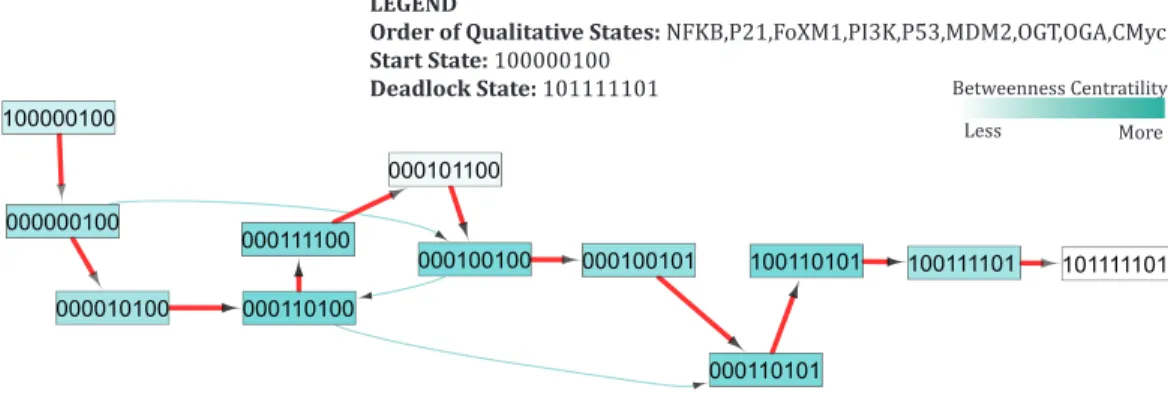 Figure 6 Subgraph isolated from the state transition graph (Fig. 5), highlighting tumor progression from the start state (1,0,0,0,0,0,1,0,0) leading to the deadlock state (1,0,1,1,1,1,1,0,1)