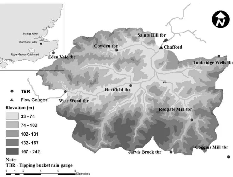 Figure 1. Map of rain gauges and flow gauge locations on the Upper Medway catchment (source: Zhu and Cluckie, 2012).