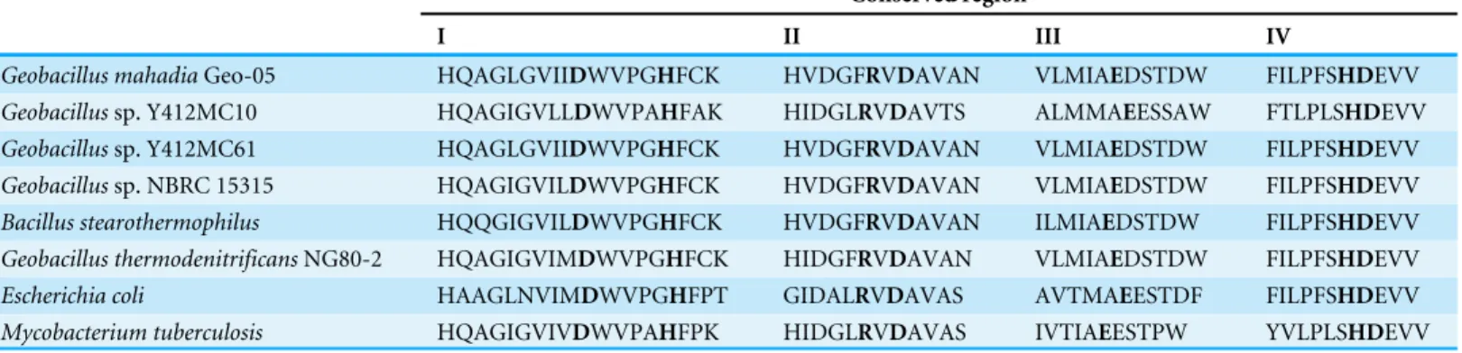 Table 1 Conserved regions in glycogen branching enzyme from Geobacillus spp., Escherichia coli and Mycobacterium tuberculosis.