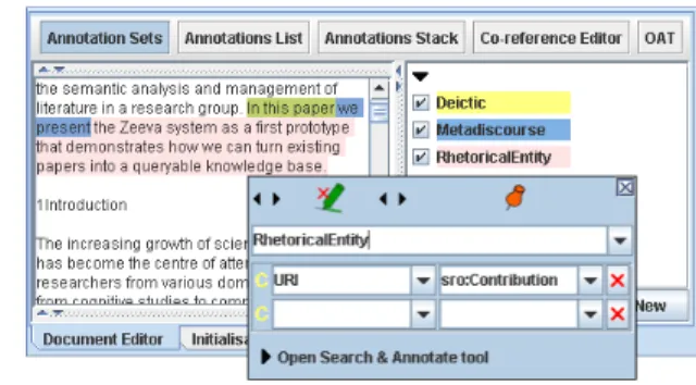 Figure 5 The figure above shows a JSON example response from Spotlight (left) and how the detected entity’s offset is used to generate a GATE annotation in the document (right).