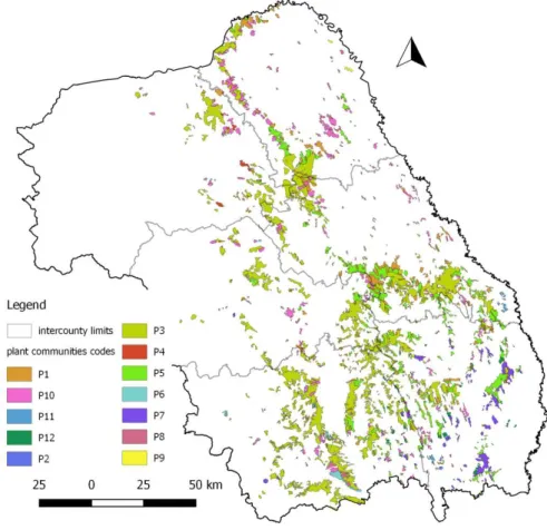 Fig. 1. Distribution mapof broad-leaved forests in North-East Region of Romania  (adapted after ICAS Forest Types Map, 1997) 