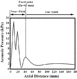 Figura 16. Perfil da pressão acústica sobre o eixo do transdutor de terapia por ultrassom, [27].