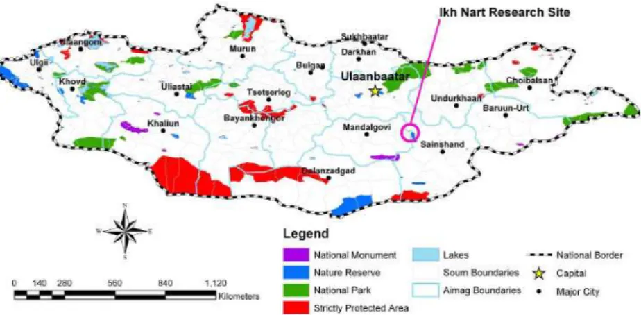 Figure 1. Map of Mongolia’s Reserves and indicator for the Ikh Nart Reserve.