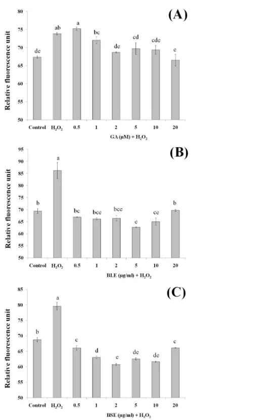 Figure 4 The effects of (A) gallic acid, (B) BLE and (C) BSE on ROS production of HepG2 cells follow- follow-ing H 2 O 2 -induced oxidative damage