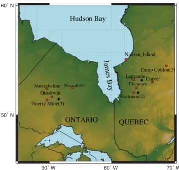 Figure 1. Map of Ontario and western Québec showing the location of sites (red dots). For sites with several boreholes (Camp Coulon, Eastmain, Thierry Mine, and Noront), the number of profiles  avail-able is enclosed in parenthesis