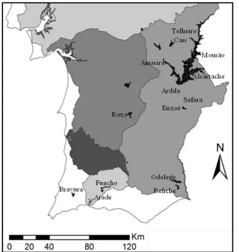 Figura 3.2. 1 - Localização geográfica das massas de água amostradas nos  distritos de Beja e Faro