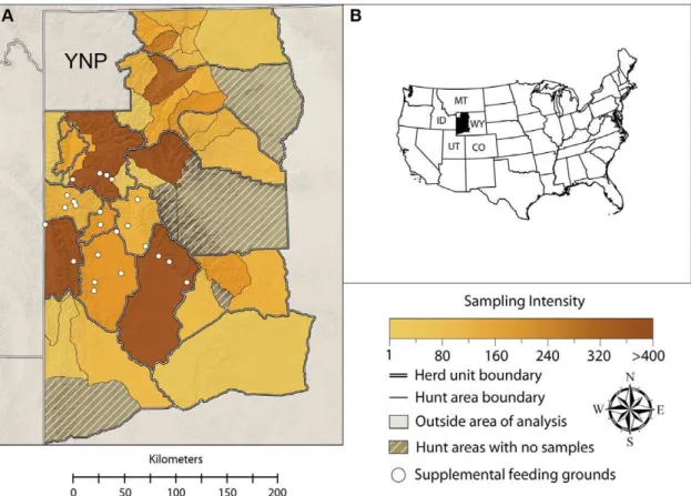 Figure 1. Map of the study area. In (A), the shading indicates the intensity of brucellosis testing among adult female elk in each hunt area