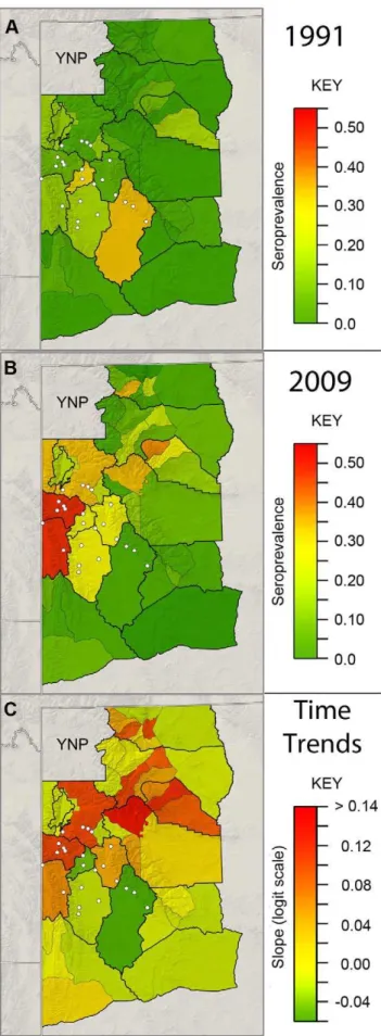Figure 5. Maps of the brucellosis seroprevalence estimates for adult female elk and the annual trends