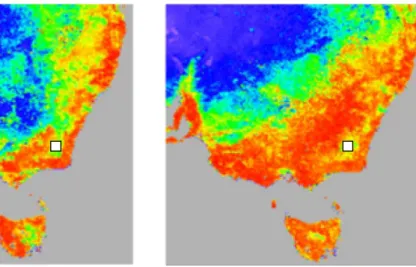 Fig. 6. Monthly average NDVI (Normalized Di ff erence Vegetation Index) in South-East Australia in January (left) and October (right) 2005