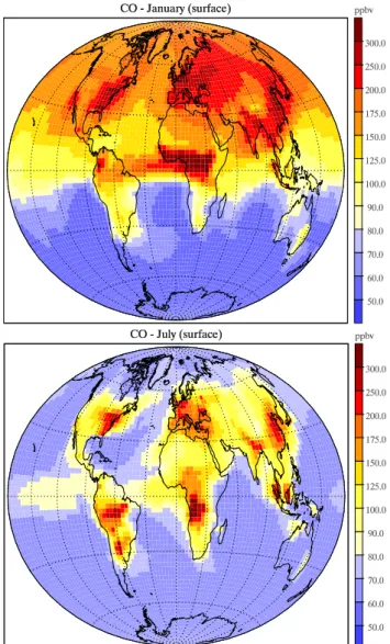 Figure 1 shows the monthly mean carbon monoxide sur- sur-face mixing ratio for January and July