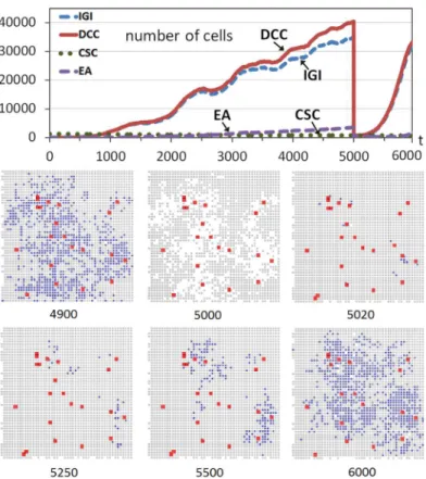 Fig 2. Tumor regrowth after a high-intensity treatment. The graph shows the evolution through time iterations of the number of Differentiated Cancer Cells — DCCs (continuous red line) with g = 5 while the rest of the parameters were set to their standard v