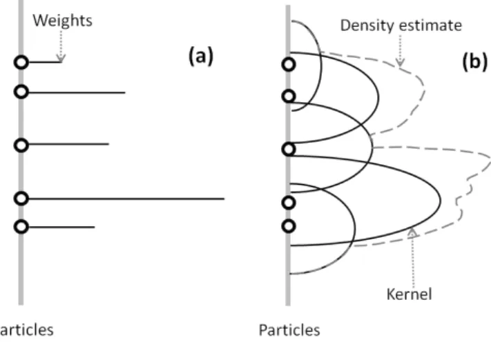 Fig. 1. The concept of discrete and continuous approximation of particle density: (a) weighted empirical measure, and (b)  regular-ized measure by kernel