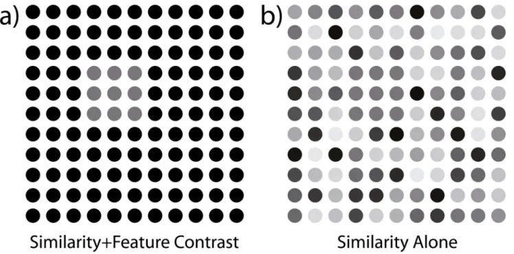 Fig 1. Comparison of grouping cues. (a) illustrates the combination of element similarity and luminance contrast to make the foreground figure visible, (b) removes the feature contrast but adds variability among background elements while keeping the mean l
