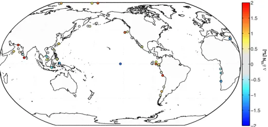 Fig. 7. Difference between surface and LH δ 15 N averages for available sites. The difference is calculated as δ 15 N seafloor − δ 15 N LH , such that positive values indicate that the average δ 15 N of the seafloor sediments is higher than that of the lat