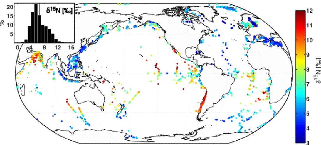 Fig. 1. Spatial distribution of surface sediment δ 15 N samples. References for published data are provided on the web site