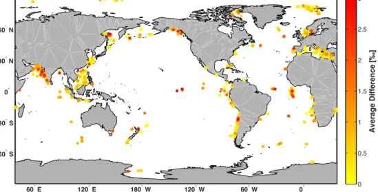 Fig. 2. Map of seafloor samples indicating the difference between the δ 15 N of the sample and the mean δ 15 N of its neighbours (within a 100 km radius)