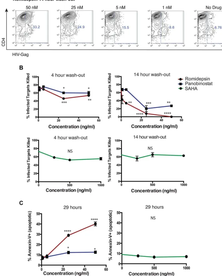 Figure 7. Impairment of CTL killing is sustained for at least 14 hours after removal of romidepsin or panobinostat