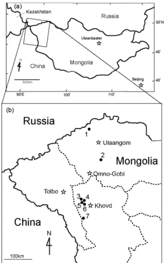 Figure  1.  Locations  of  the  study  sites  surveyed  in  western  Mongolia.  (a)  Location  of  the  study  area  (rectangular box); (b) Detailed map of the study area