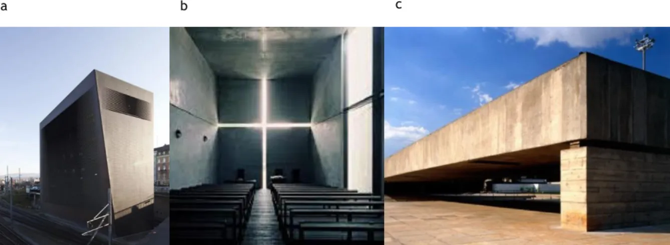 Figura 16. Signal box de Herzog e Meuron (a), Igreja da luz de Tadao Ando (b), Museu Brasileiro da escultura de  Paulo Mendes da Rocha (c) 