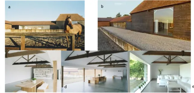 Figura 20. Vistas diferentes do exterior de Tily Barn (a-b), Vistas diferentes do interior de Tilty Barn (c, d, e)