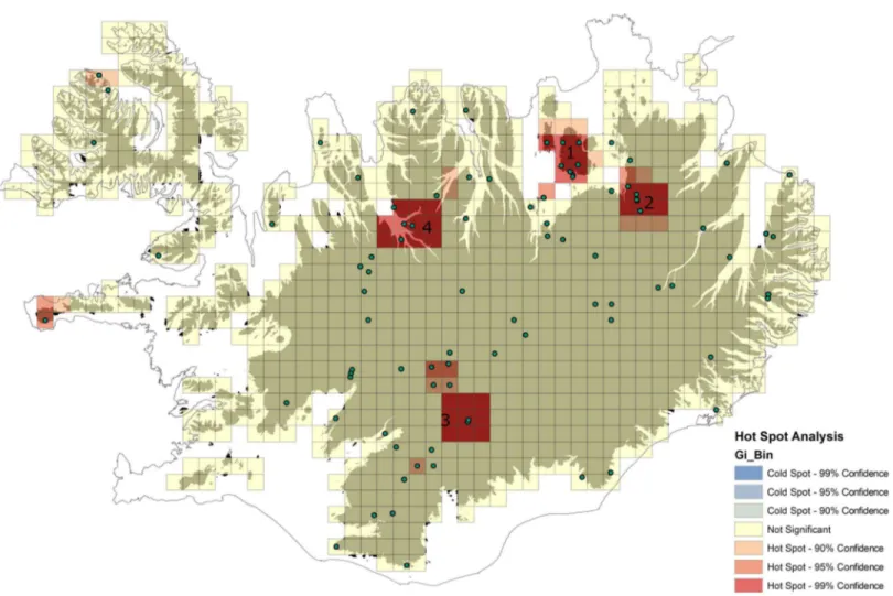 Figure 4 Results of Hot Spot Analysis showing statistically significant spatial clusters of non-native taxa within highland areas in Iceland (color scale—see details on the figure): 1: around My´vatn lake including Rejkjahlið, Na´mafjall, Krafla volcano; 2