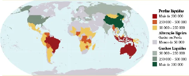 Figura 2.3: Alterações líquidas na área florestal, por país, entre 2005 e 2010 (ha/ano) 