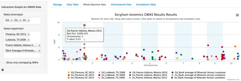 Figure 2 Genome wide view of ZBrowse manhattan plot. The plot is displaying a comparison of GWAS results from three phenotypes measured in three separate locations and one aggregate experiment (12 GWAS experiments total on one graph)