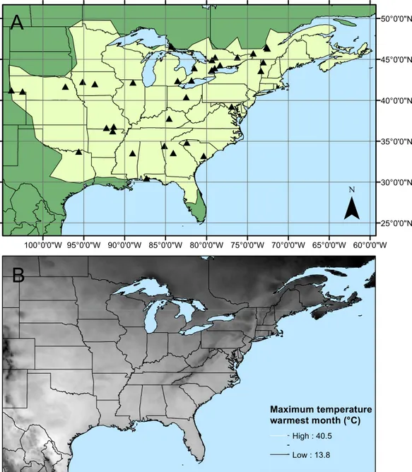 Figure 1 Calopteryx maculata sampling sites. (A) The geographic distribution of Calopteryx maculata (light shaded area) in relation to the 34 locations at which specimens were collected