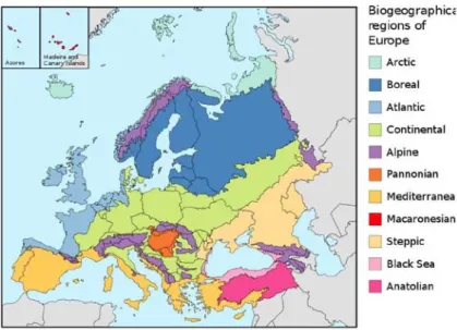 Figura 4: Mapa das Regiões Biogeográficas da Europa (Adaptado de Aragão, 2007).  