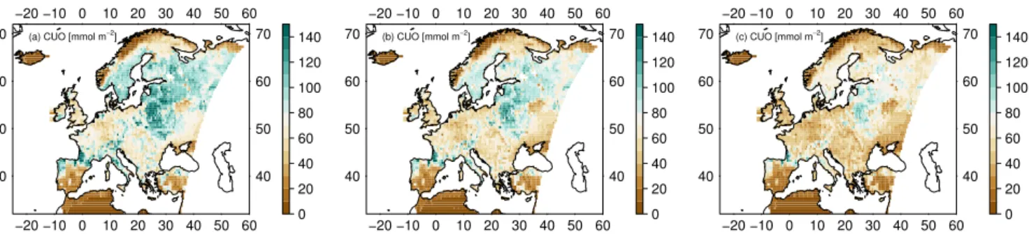 Figure 9. Mean decadal canopy-integrated cumulative uptake of O 3 (CUO) (mmol m −2 ) for Europe of the years 2001–2010