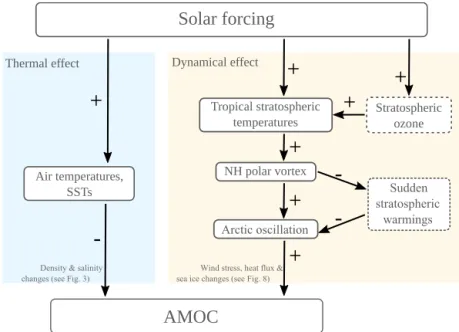 Figure 9. Flowchart summarizing the thermal and dynamical effect of a change in solar radiation on the AMOC