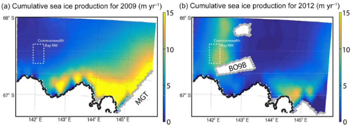 Figure 2. Cumulative sea-ice production estimated from the Special Sensor Microwave Imager (SSM/I) observations for the Mertz and Commonwealth Bay region for pre-2009 (a) and post-2012 (b) Merzt Glacier tongue (MGT) calving (after Tamura et al., 2016)
