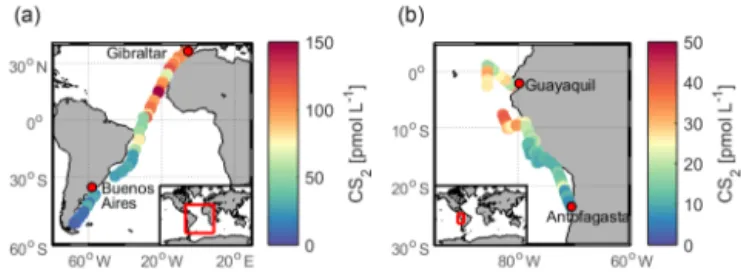 Figure 5. Measured concentration of CS 2 in surface waters during (a) ASTRA-OMZ in the eastern Pacific Ocean and (b)  TransPE-GASO in the Atlantic Ocean.