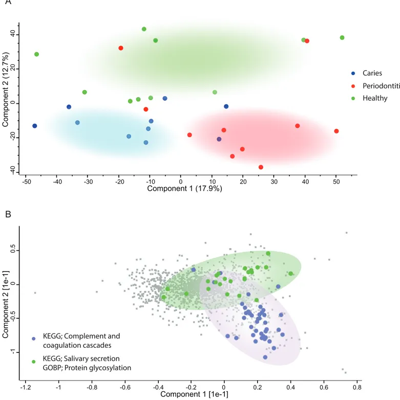 Figure 2 Principal Component Analysis. (A) PCA plot of individuals with caries (blue), periodontitis (red) and orally healthy individuals (green).